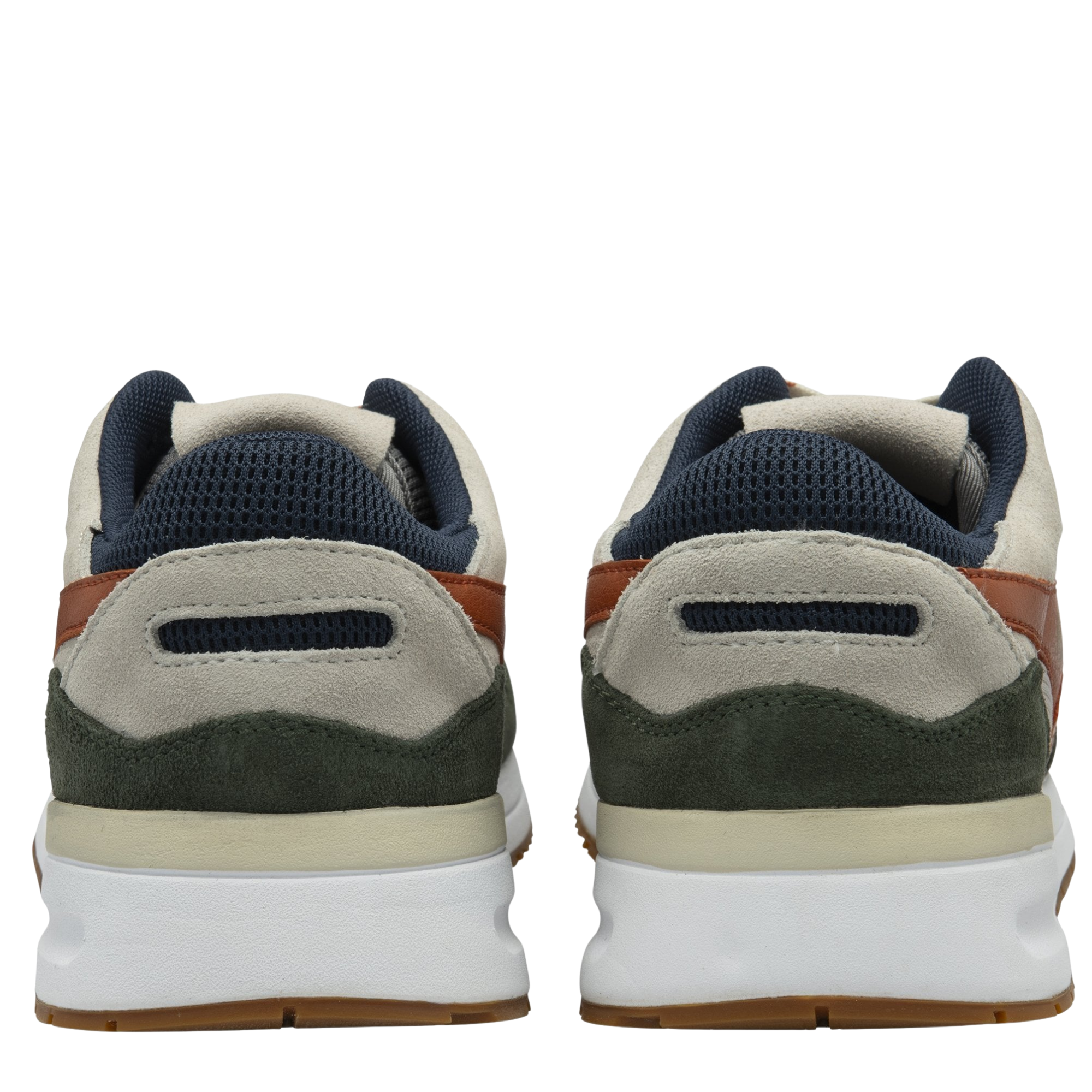 Multicolored gola men's delta sneaker with brown, green, and beige accents on a white background