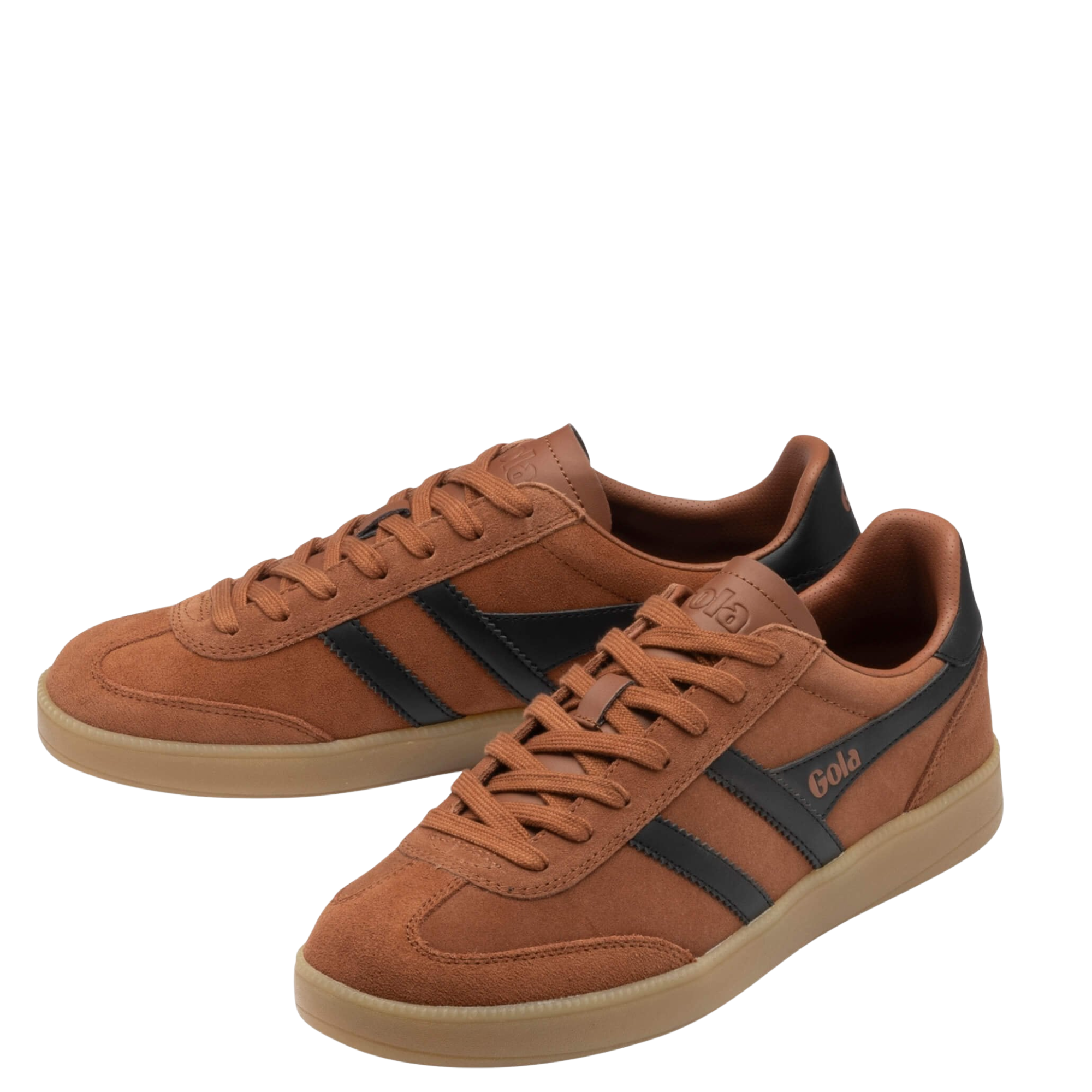 orange men's gola viper trainer with black stripes and gum sole on a white back ground
