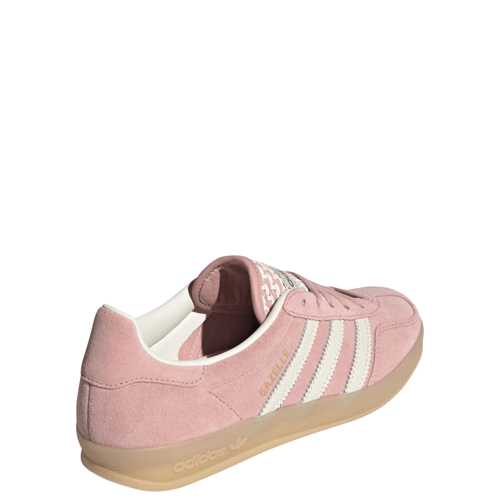 pink adidas women's gazelle indoor shoe with knit tongue and white stripes on a white background