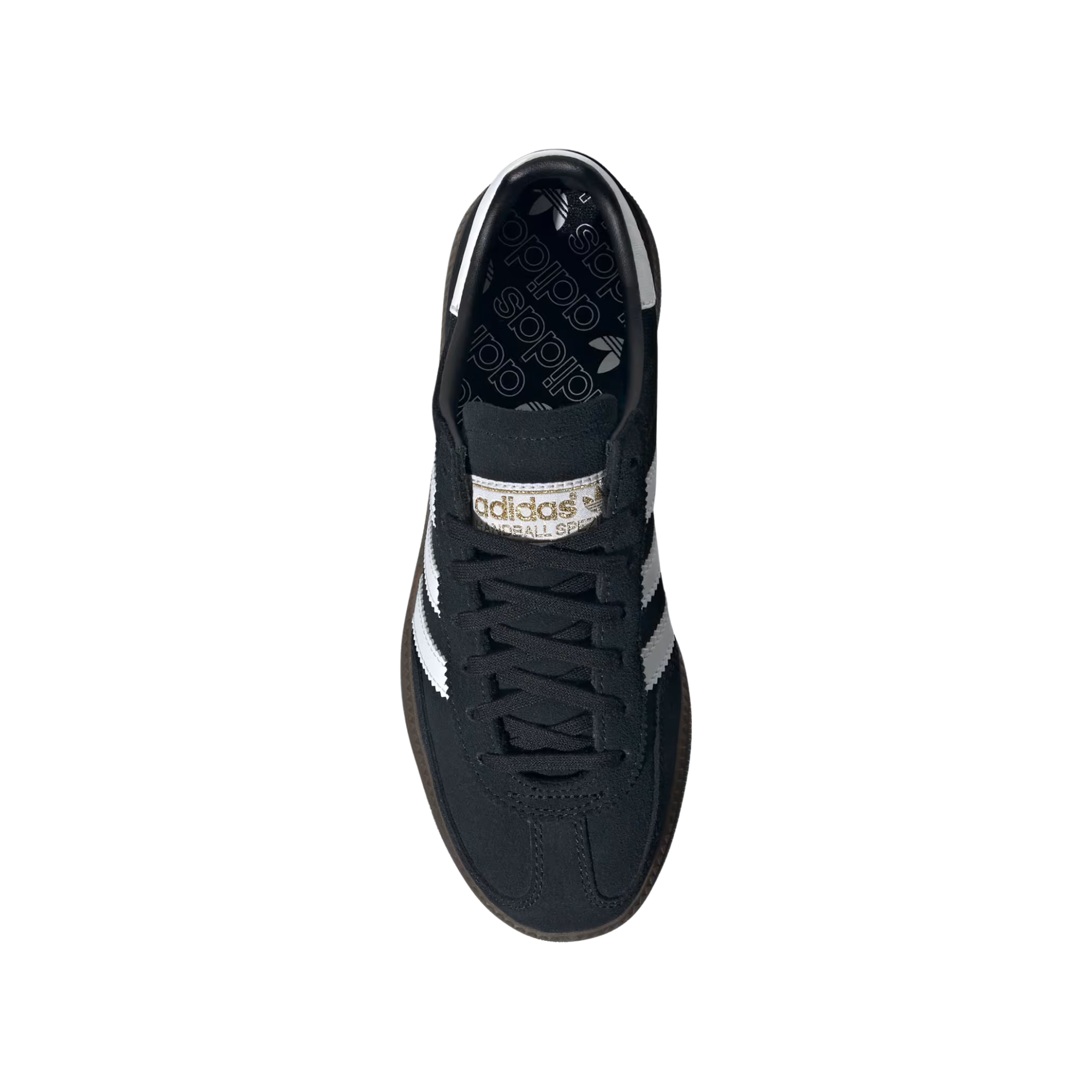 black samba handball espezial junior in black with white stripes and gum sole on a white background