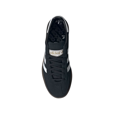 black samba handball espezial junior in black with white stripes and gum sole on a white background