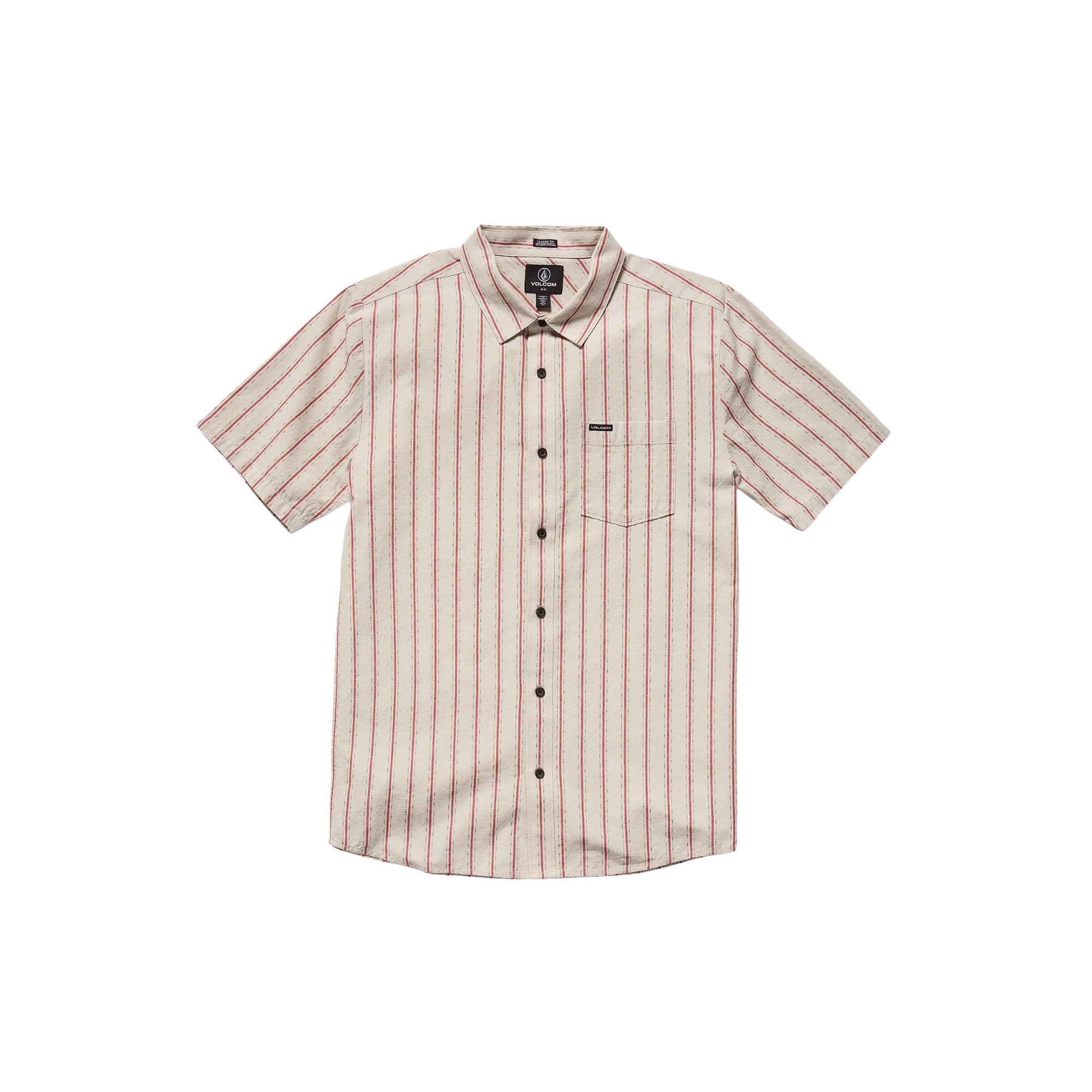 Man wearing a beige and red striped volcom sato stripe short sleeve shirt on a white background
