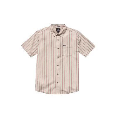 Man wearing a beige and red striped volcom sato stripe short sleeve shirt on a white background