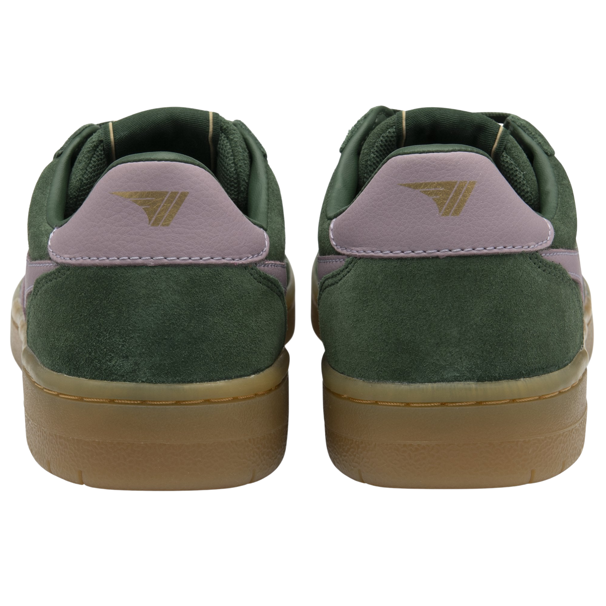Green gola hawk 86 sneaker with pink accents and gum sole on a white background