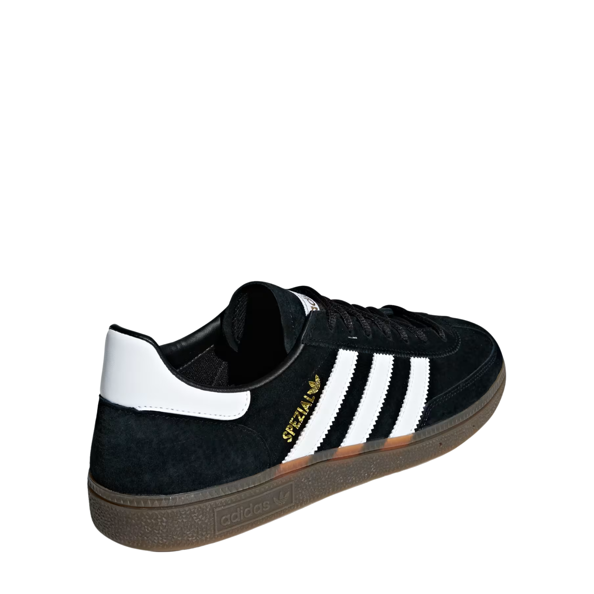 Black Adidas HANDBALL SPEZIAL sneaker with white stripes on a white background
