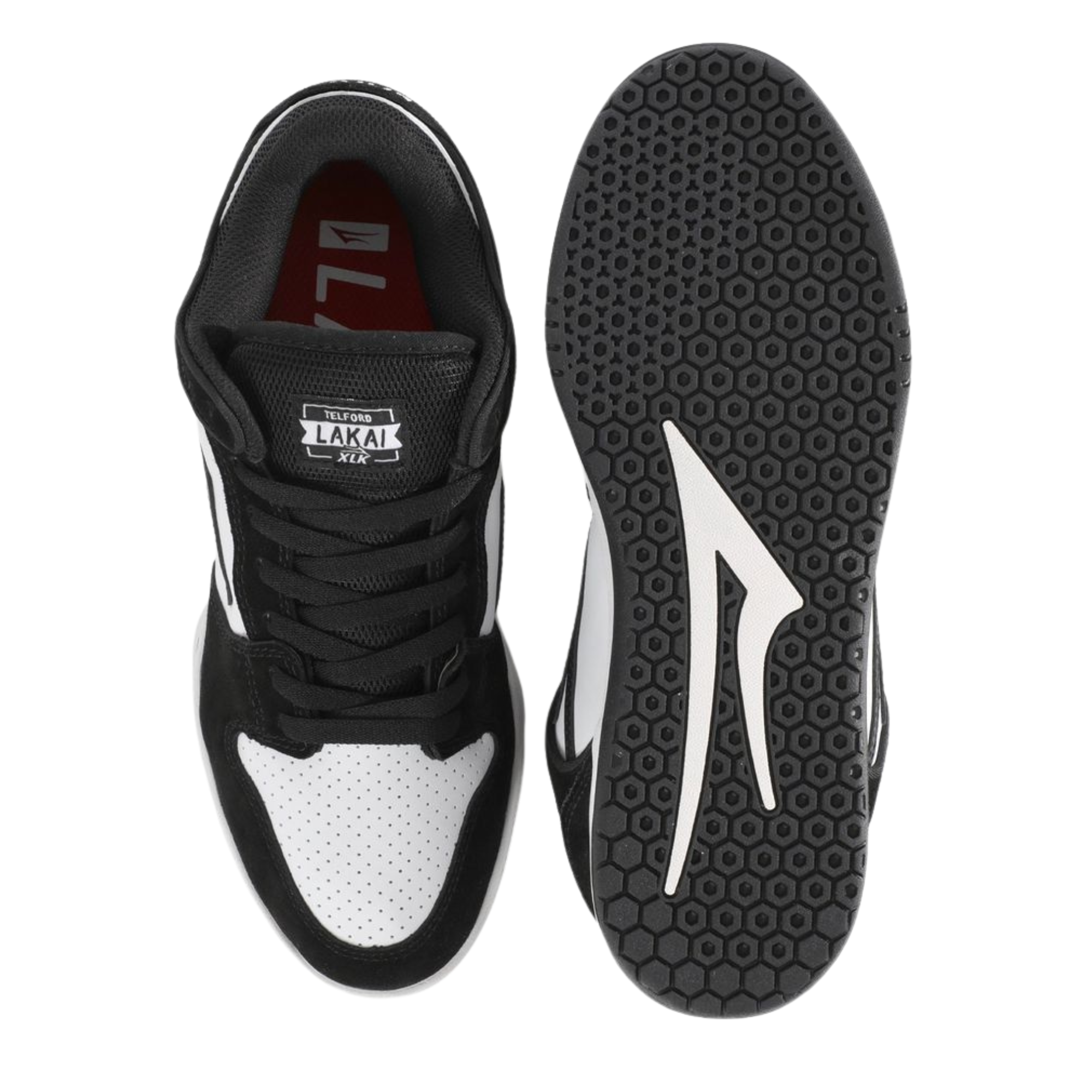 Black and white lakai telford skateboard sneaker on a white background