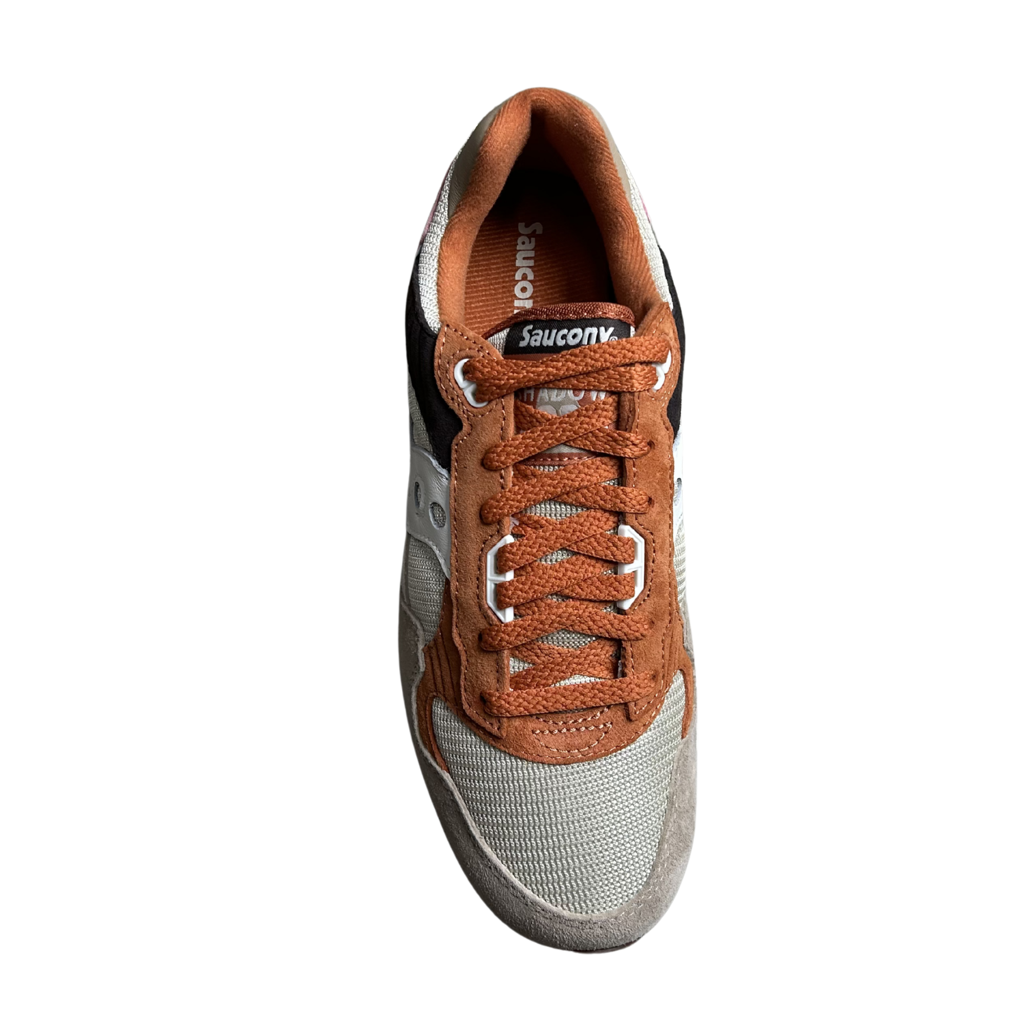 women's Saucony shadow 5000 sneaker with orange, gray, and pink design on a white background