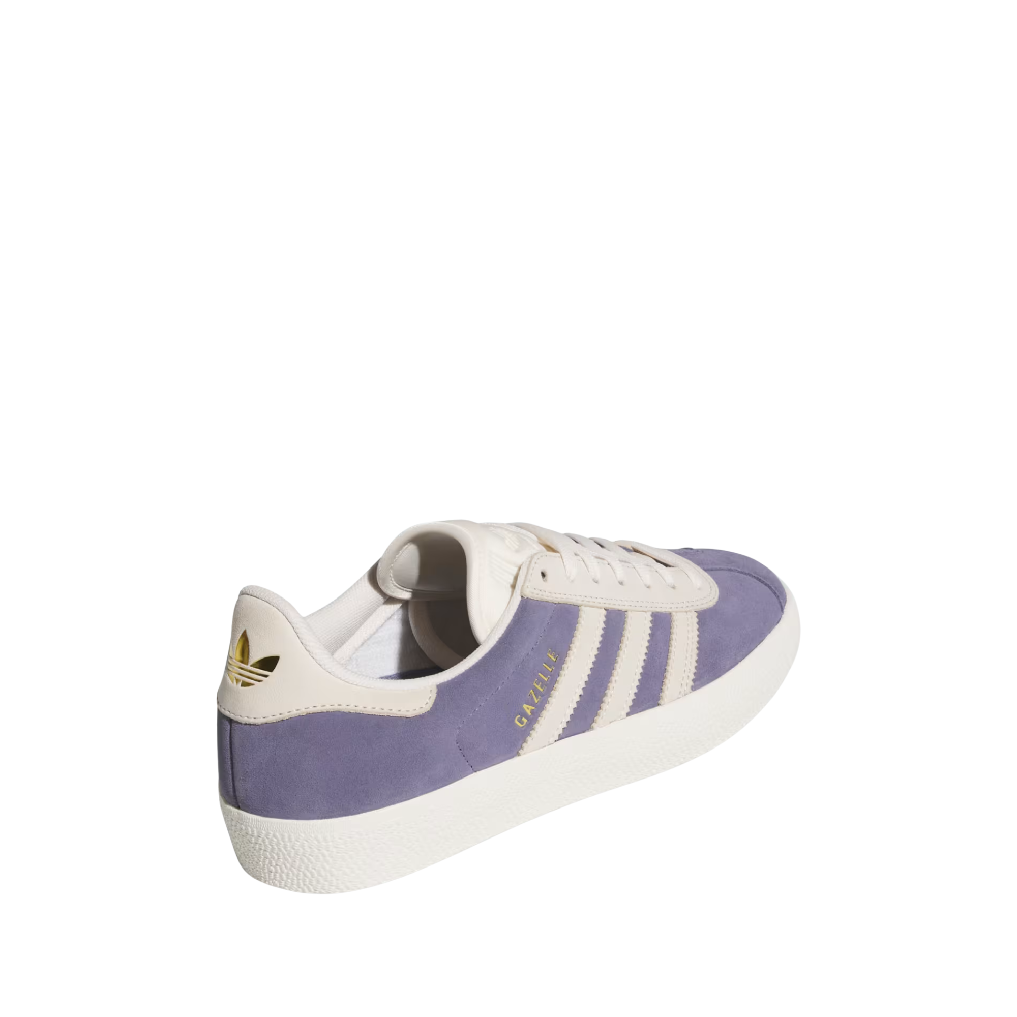 purple adidas gazelle adv skateboard shoe with white stripes on a white background