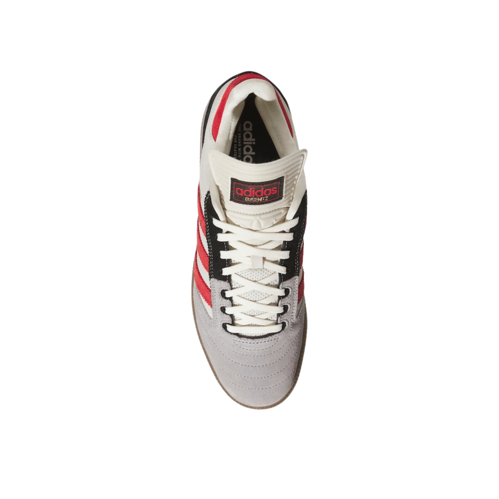 White & grey Adidas busenitz pro sneaker skateboard shoe with red and black stripes on a white background
