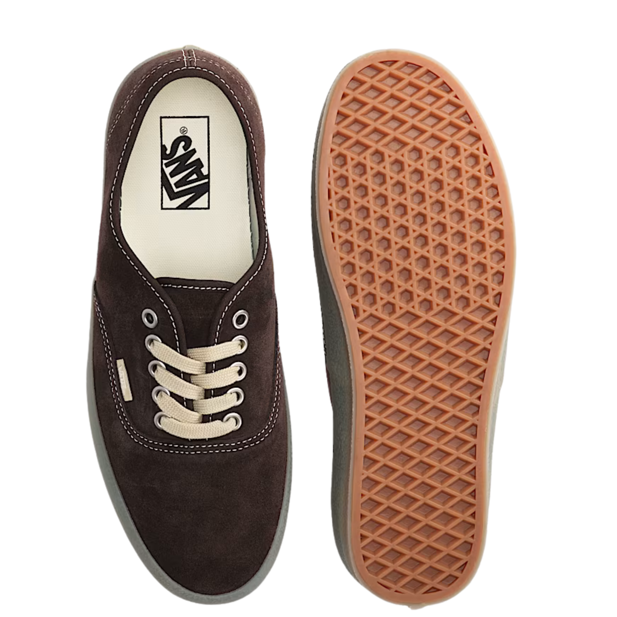 dark brown vans authentic sneaker with a crepe sole on a white background