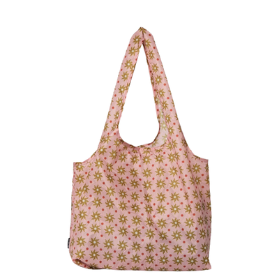 pink colored thread packable tote bag with Olive sun design on a white background