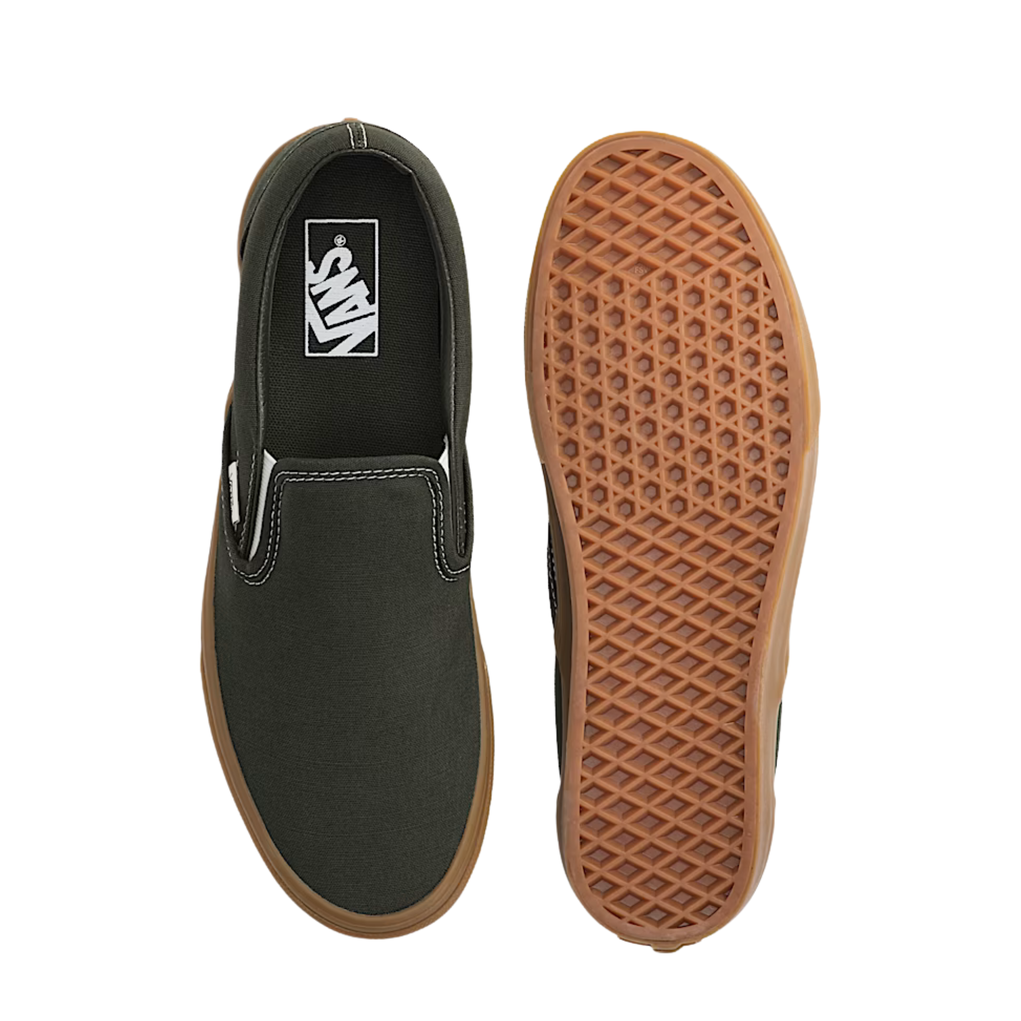 dark green vans mens slip-on sneaker with brown sole on a white background