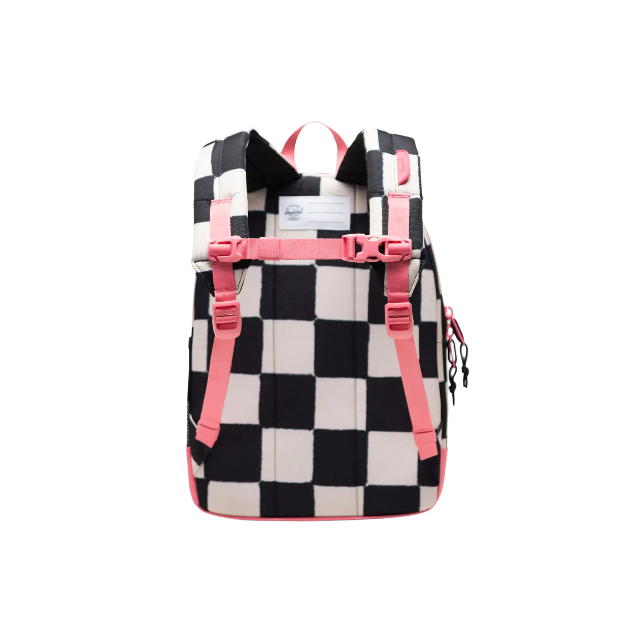 black and white checkerboard herschel kids heritage backpack with pink accents