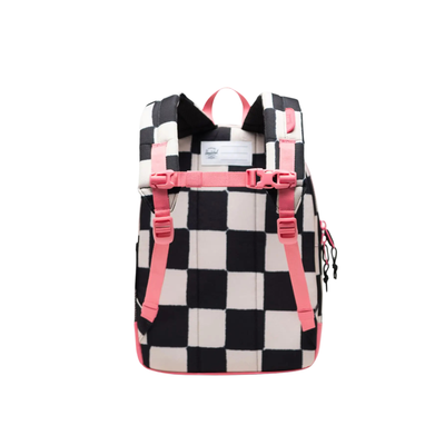 black and white checkerboard herschel kids heritage backpack with pink accents