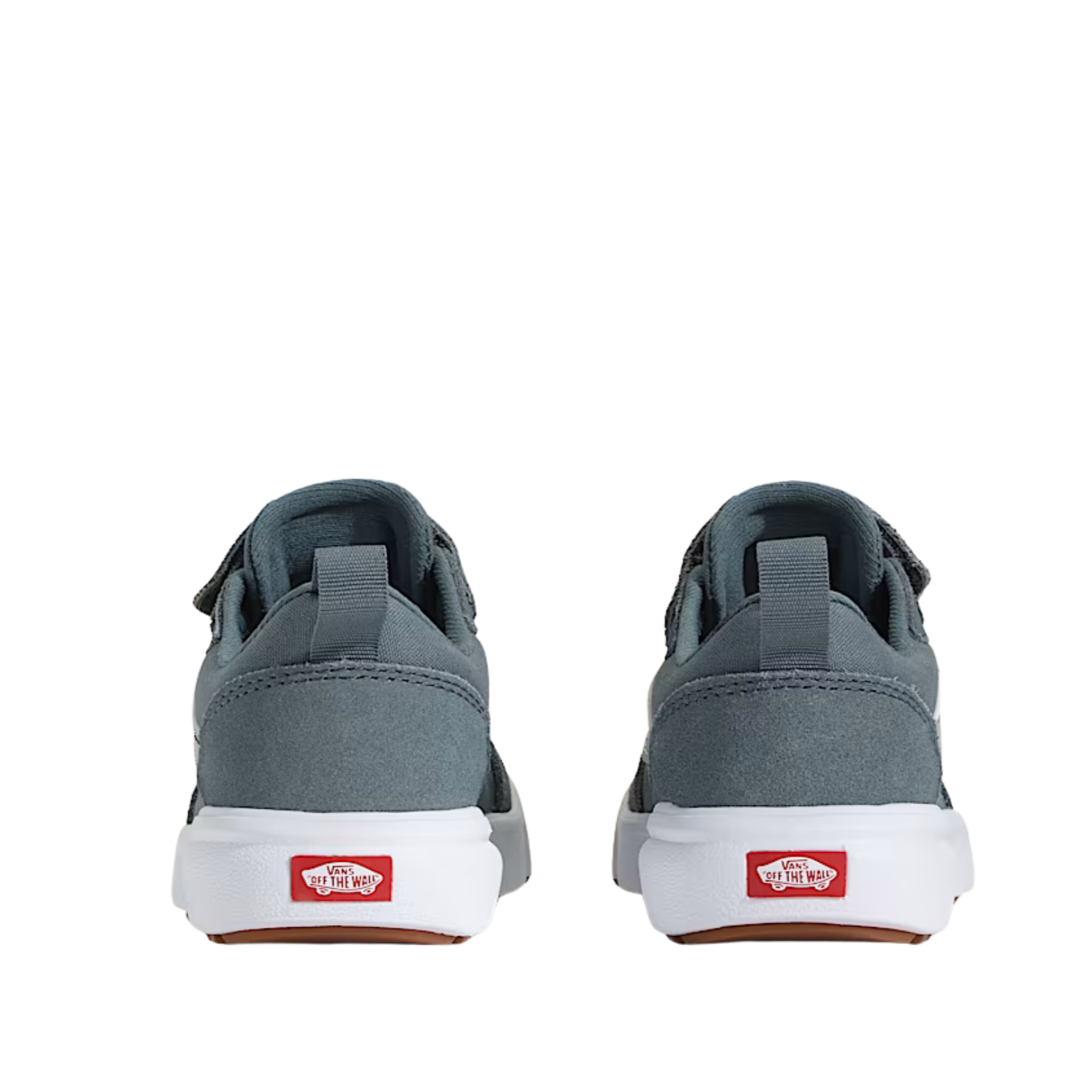 blue gray vans kids ultrarange 66 v with velcro straps, green sidestripe and white sole