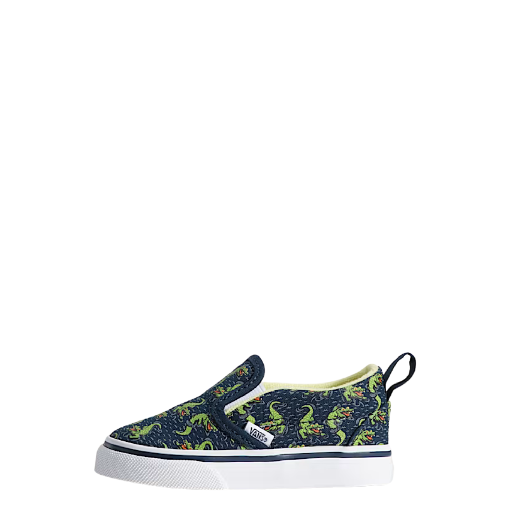 navy vans toddler slip-on with glow-in-the-dark crocodile pattern on a white background