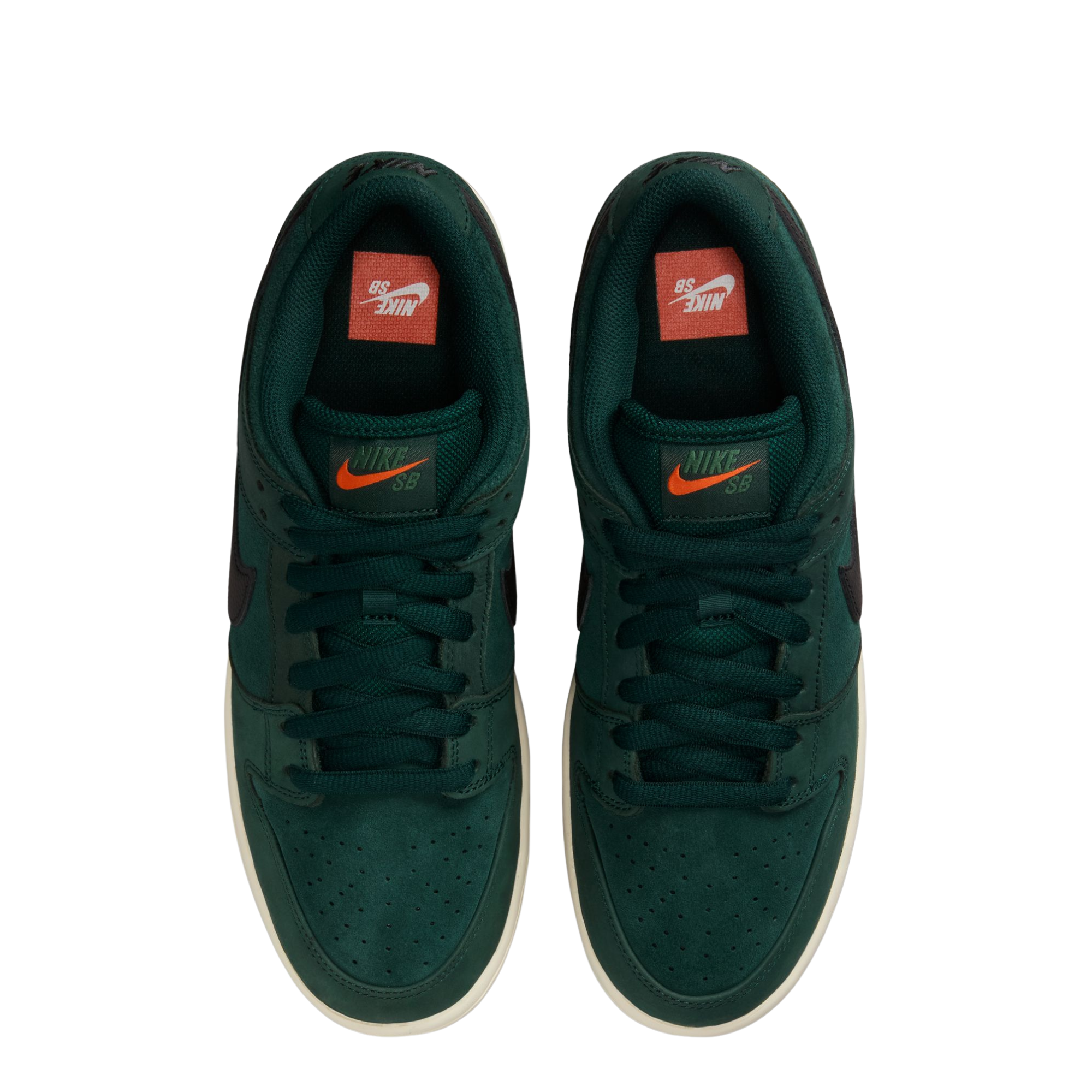 Green nike sb orange label dunk low sneaker with a black swoosh logo on a white background