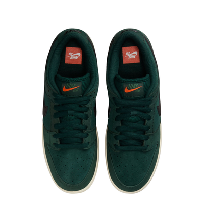 Green nike sb orange label dunk low sneaker with a black swoosh logo on a white background