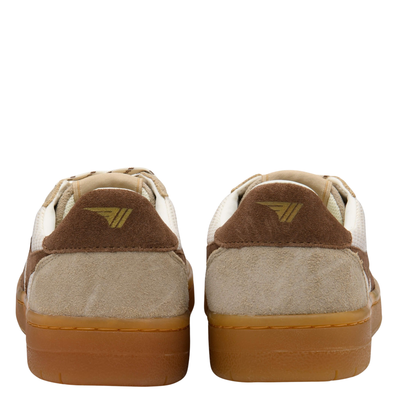 off white, tan and brown gola women's hawk '83 sneaker with gum sole on a white background