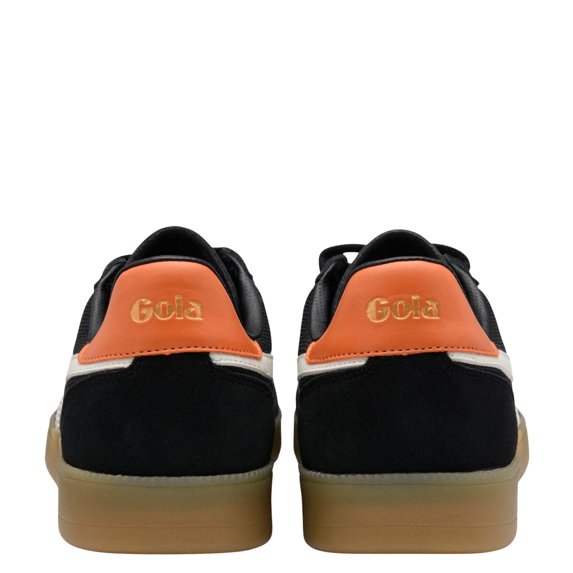 Black gola men's viper mesh sneaker with orange accents and white stripes on a white background