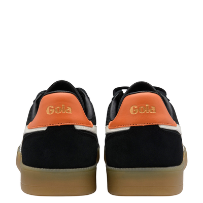 Black gola men's viper mesh sneaker with orange accents and white stripes on a white background