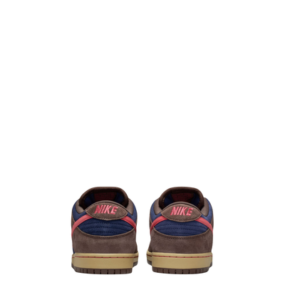 nike sb dunk low Sneaker with brown, blue, and pink color scheme on a white background