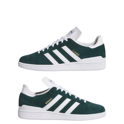 Green and white adidas busentiz skateboard sneaker with three white stripes on a light gray background