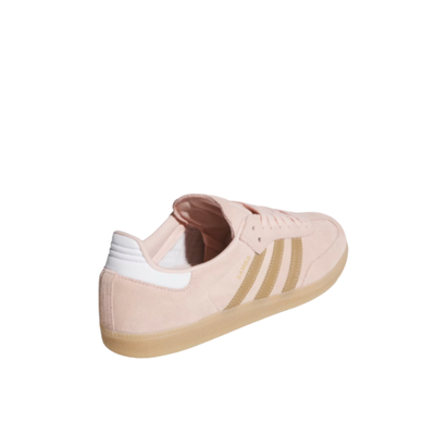 Pink Adidas samba adv sneaker with white stripes on a white background