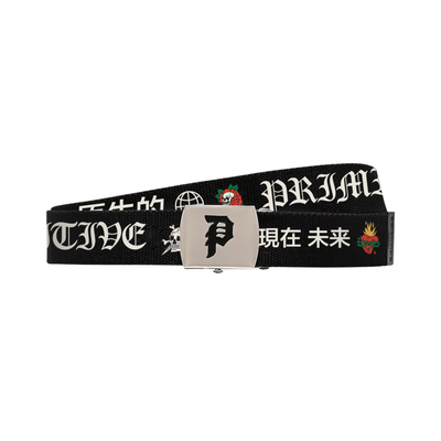 A Black primitive brand woven belt with a silver metal buckle, featuring white gothic-style text and Japanese characters, along with small graphic motifs.