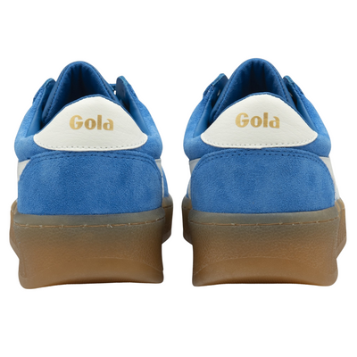 Blue gola grandslam suede sneaker with white stripes and brown sole on a white background