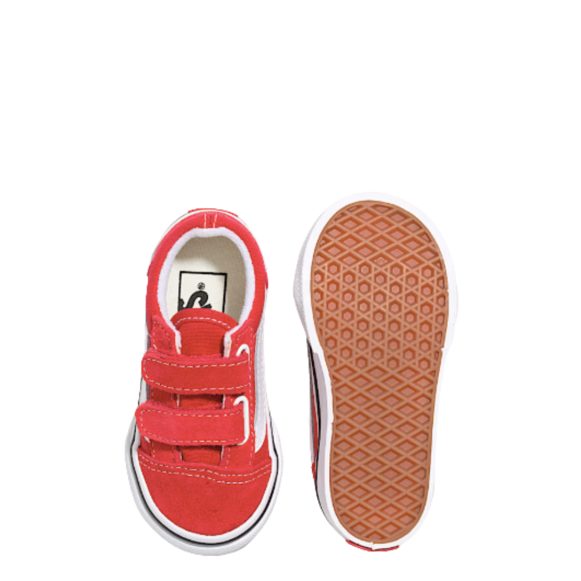 Red and white vans old skool toddler sneaker with velcro straps on a white background
