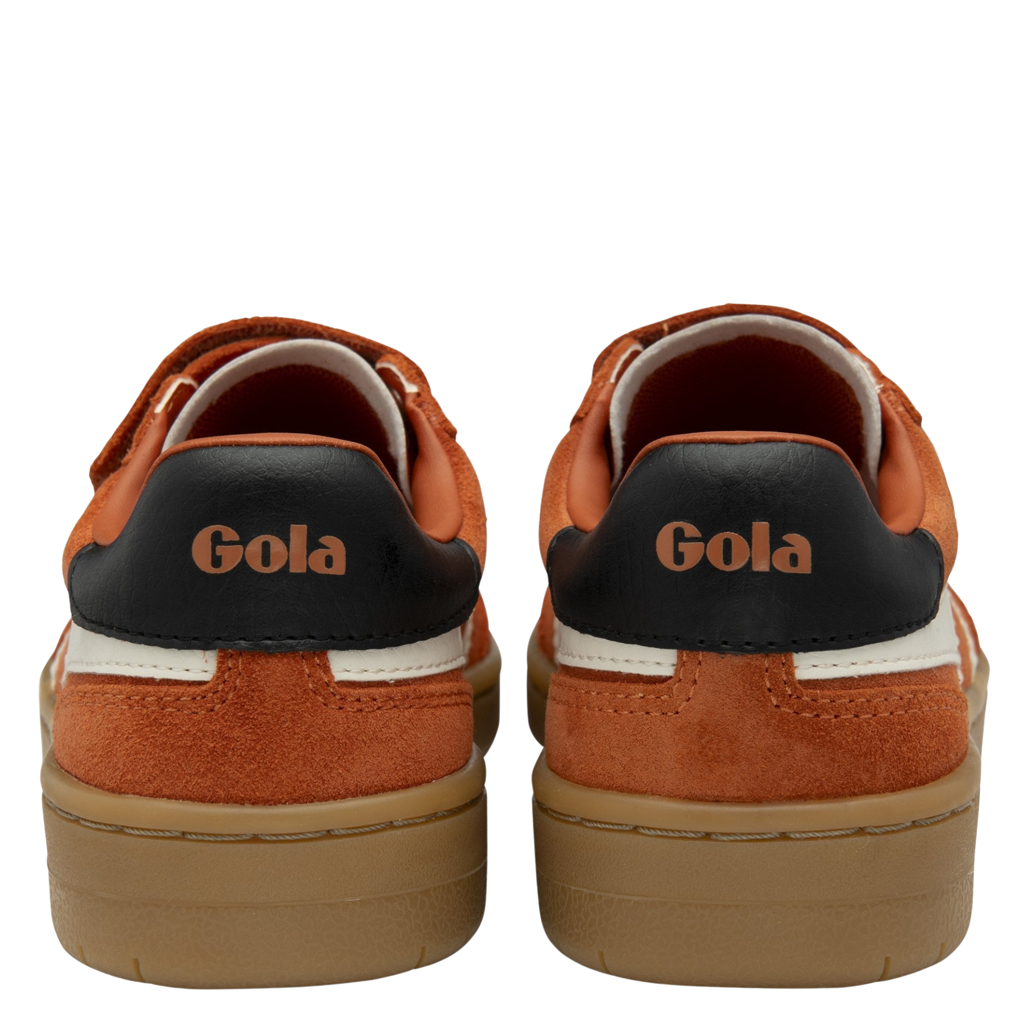 Orange gola children's viper sneaker with white stripes and brown sole on a white background