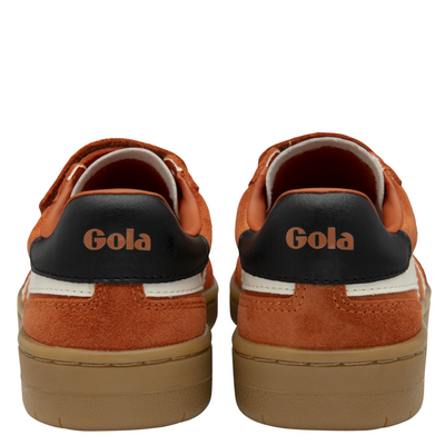 Orange gola children's viper sneaker with white stripes and brown sole on a white background