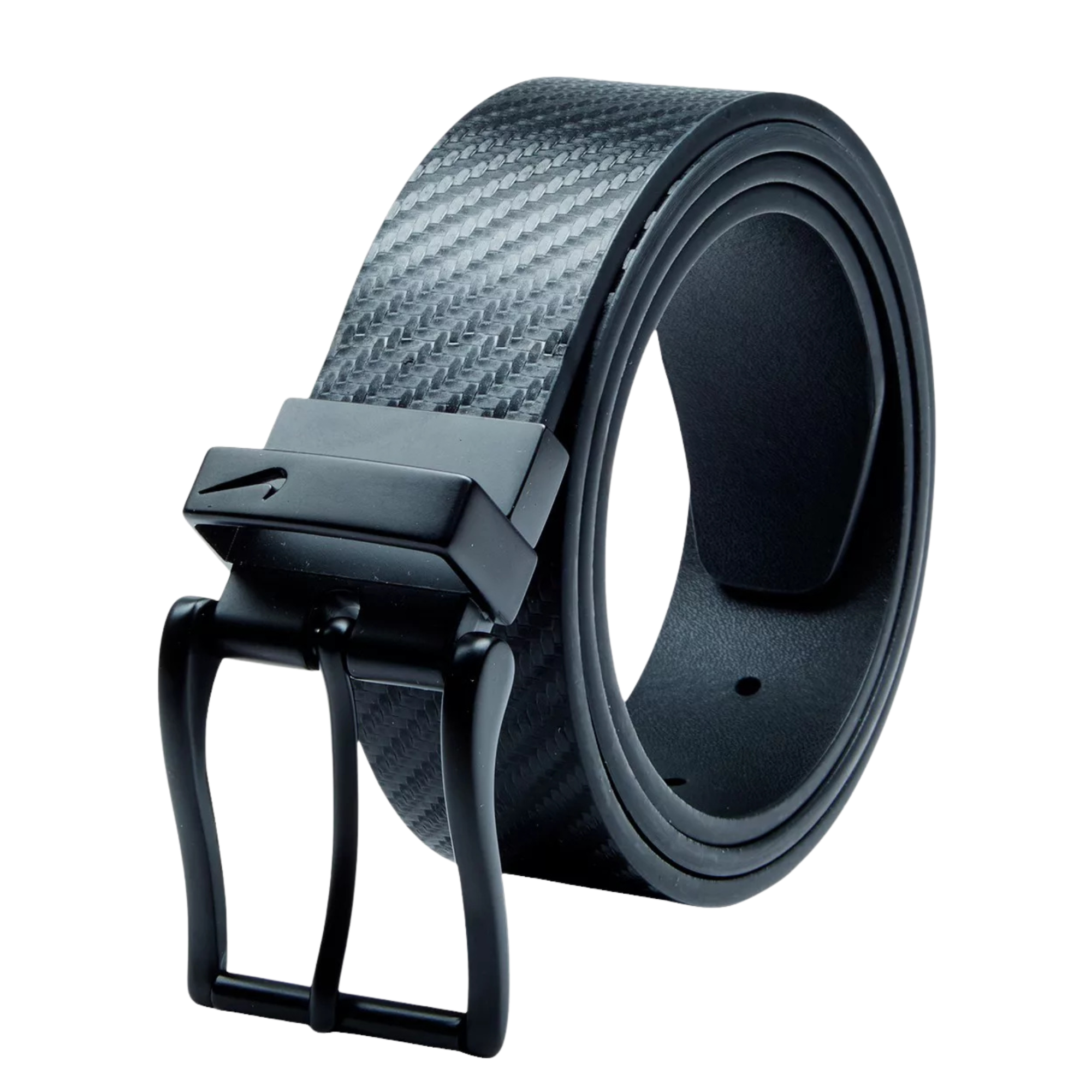 Black and grey carbon fiber pattern nike belt with a black buckle on a white background