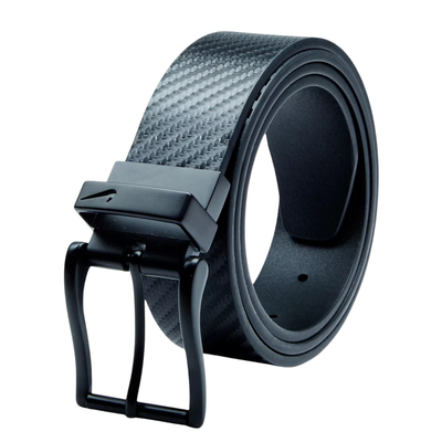 Black and grey carbon fiber pattern nike belt with a black buckle on a white background