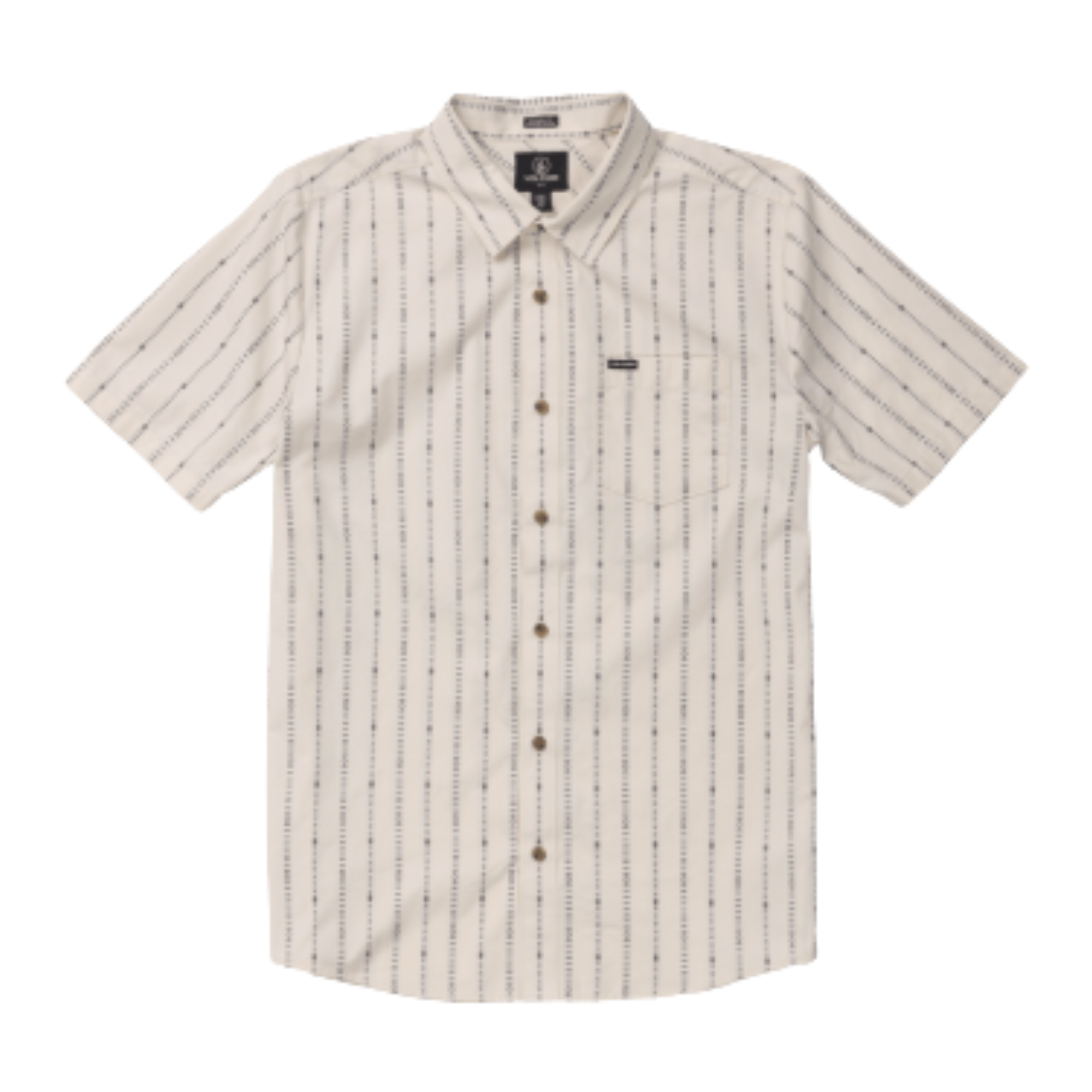 off white volcom bankstone ii short sleeve button-up shirt with vertical pattern on a white background