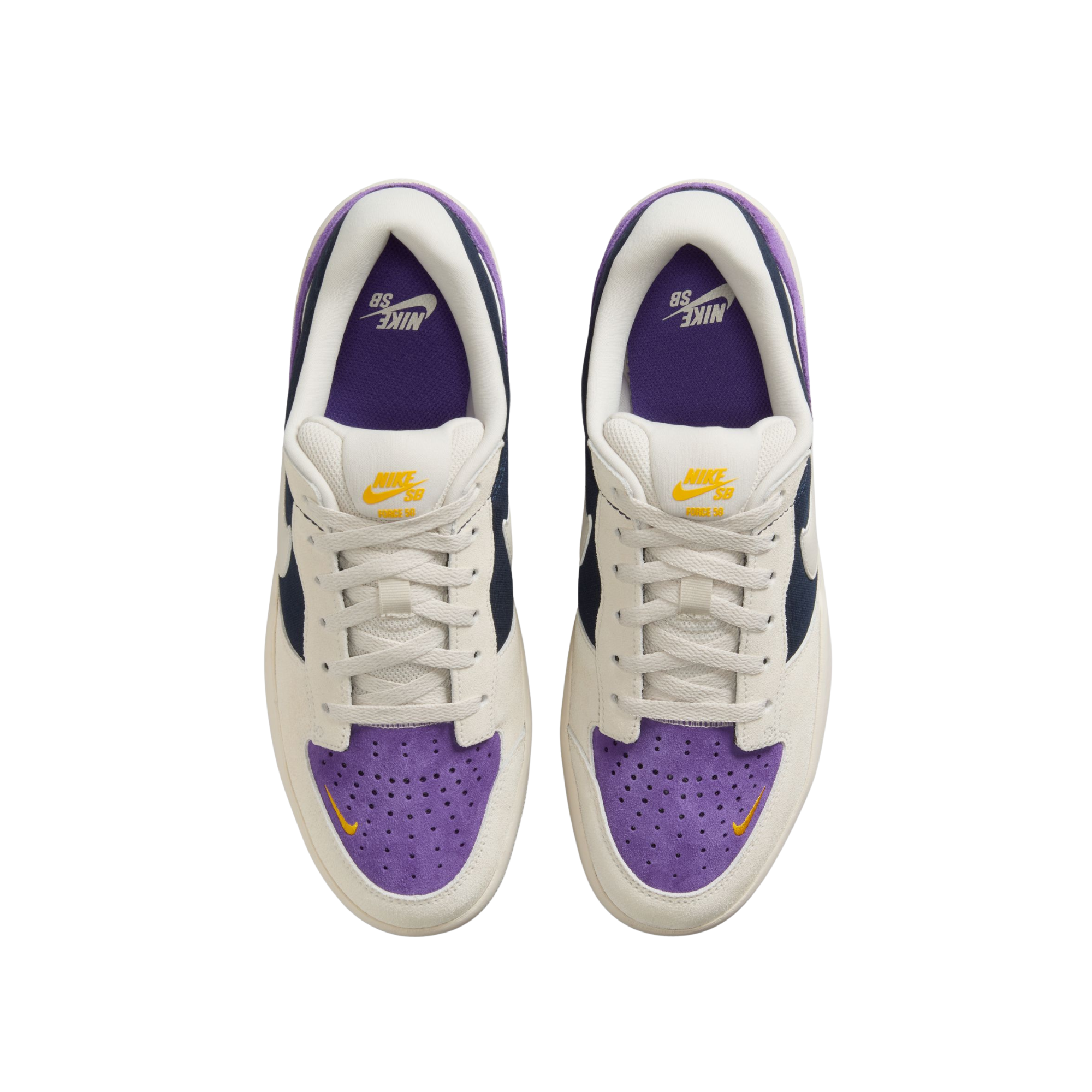 nike sb women's force 58 Sneaker with purple and navy accents on a white background