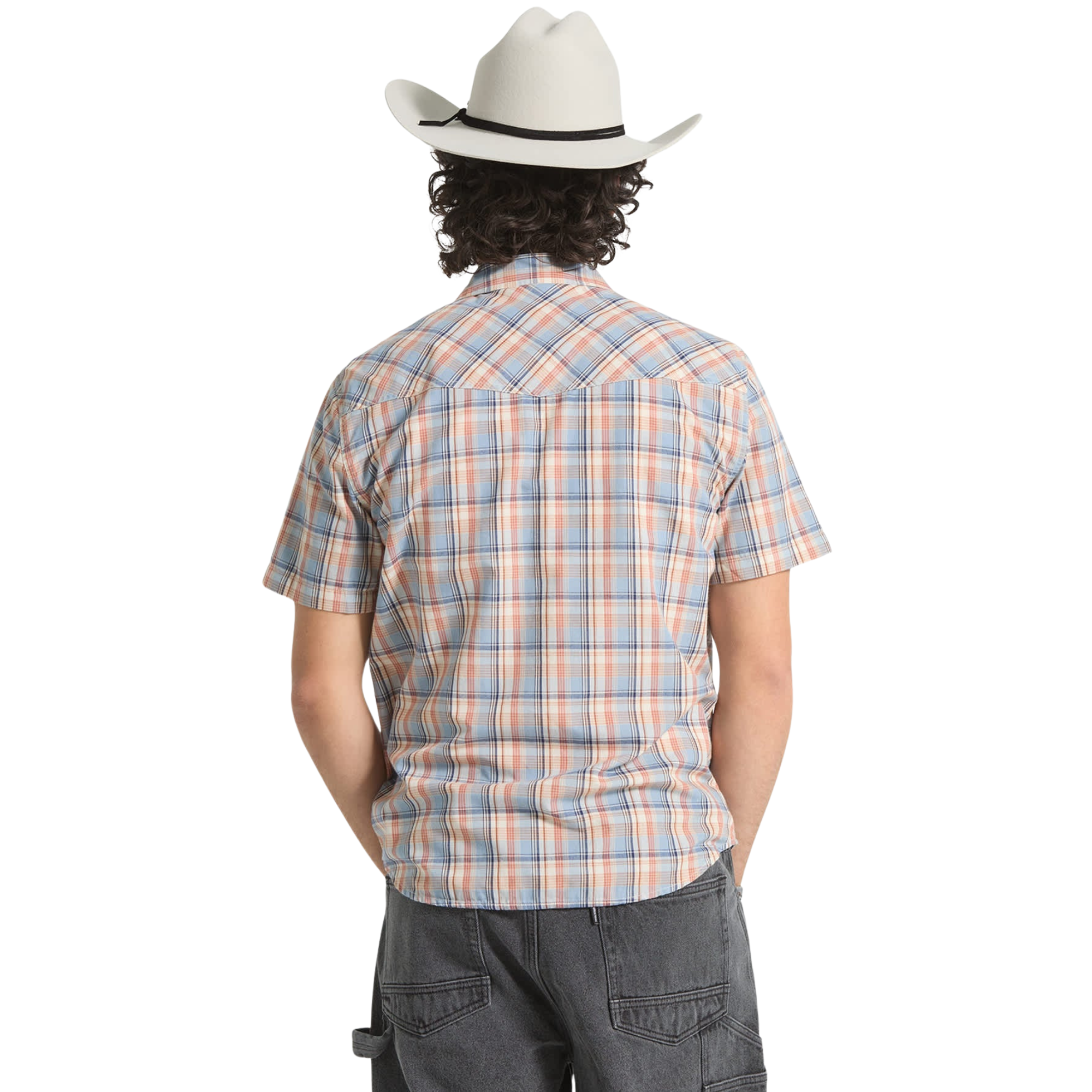 Person wearing a plaid brixton breezy wayne short sleeve shirt and cowboy hat on a white background