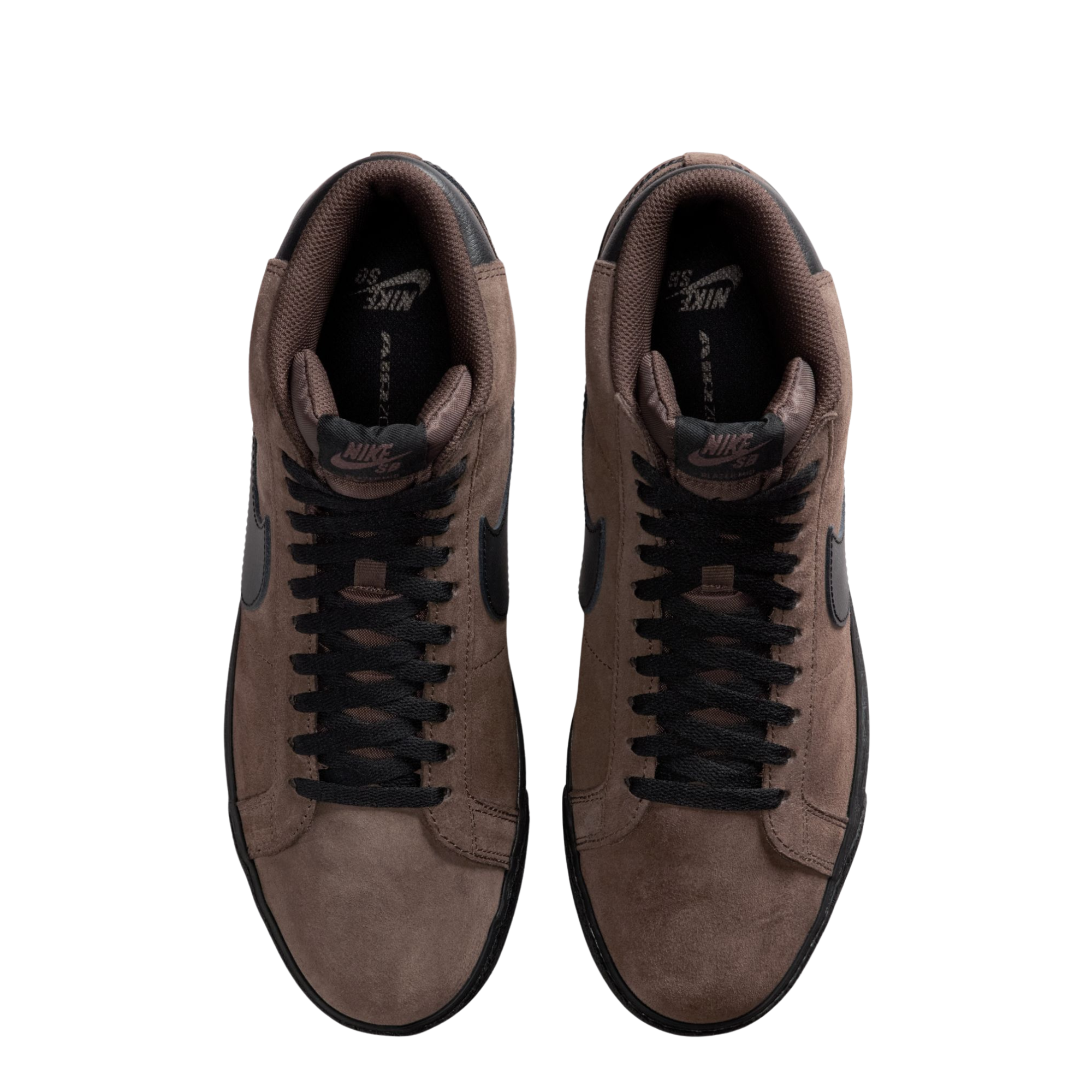 Brown mid-top nike sb blazer sneaker with black swoosh logo on a white background