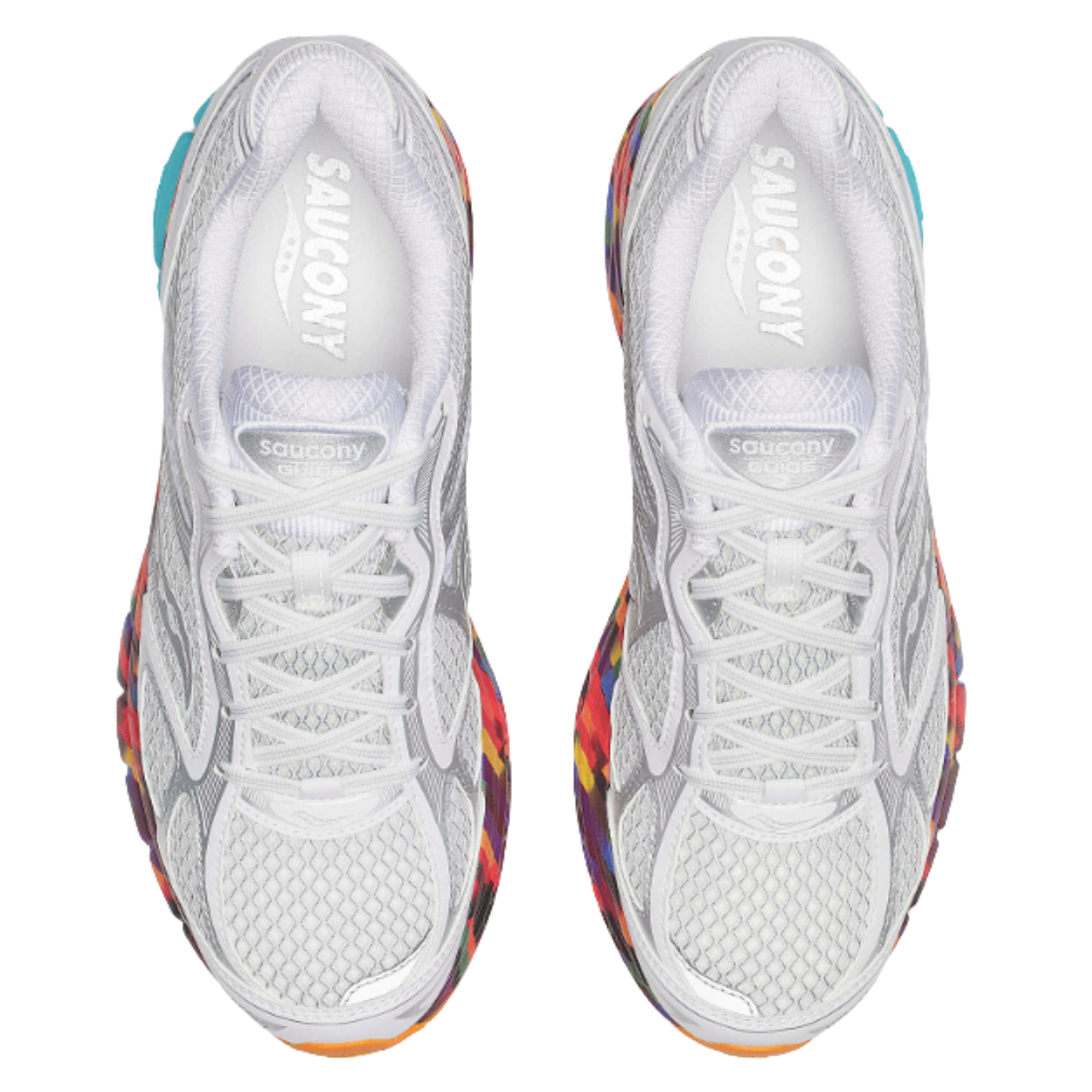 White saucony boston progrid guide 7 running shoe with colorful sole on a white background