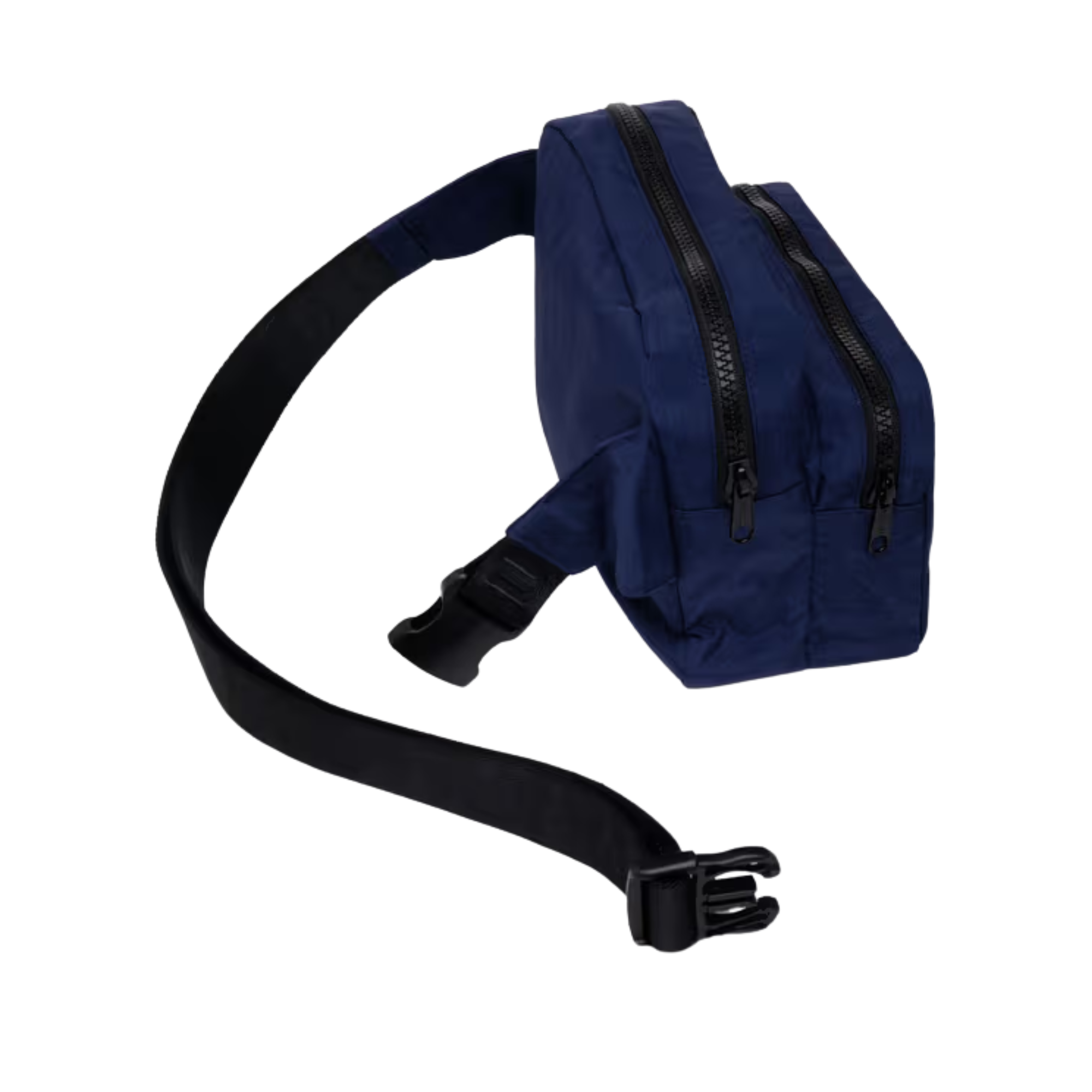 Navy blue baggu fanny pack bag with floral embroidery on a white background