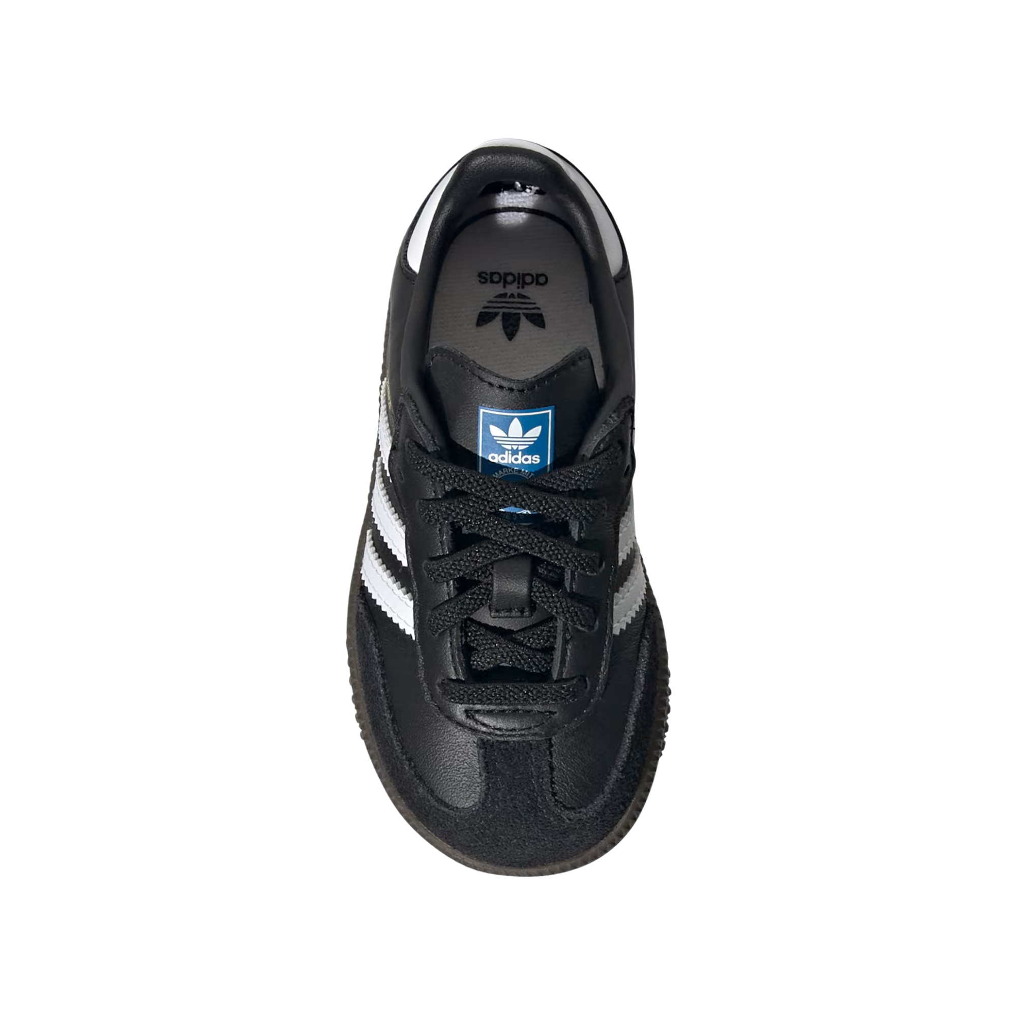 top view of A single Adidas Samba kids sneaker in black leather with signature white side stripes, a gold 'SAMBA' text on the side, and a dark brown gum sole, shown against a plain white background.
