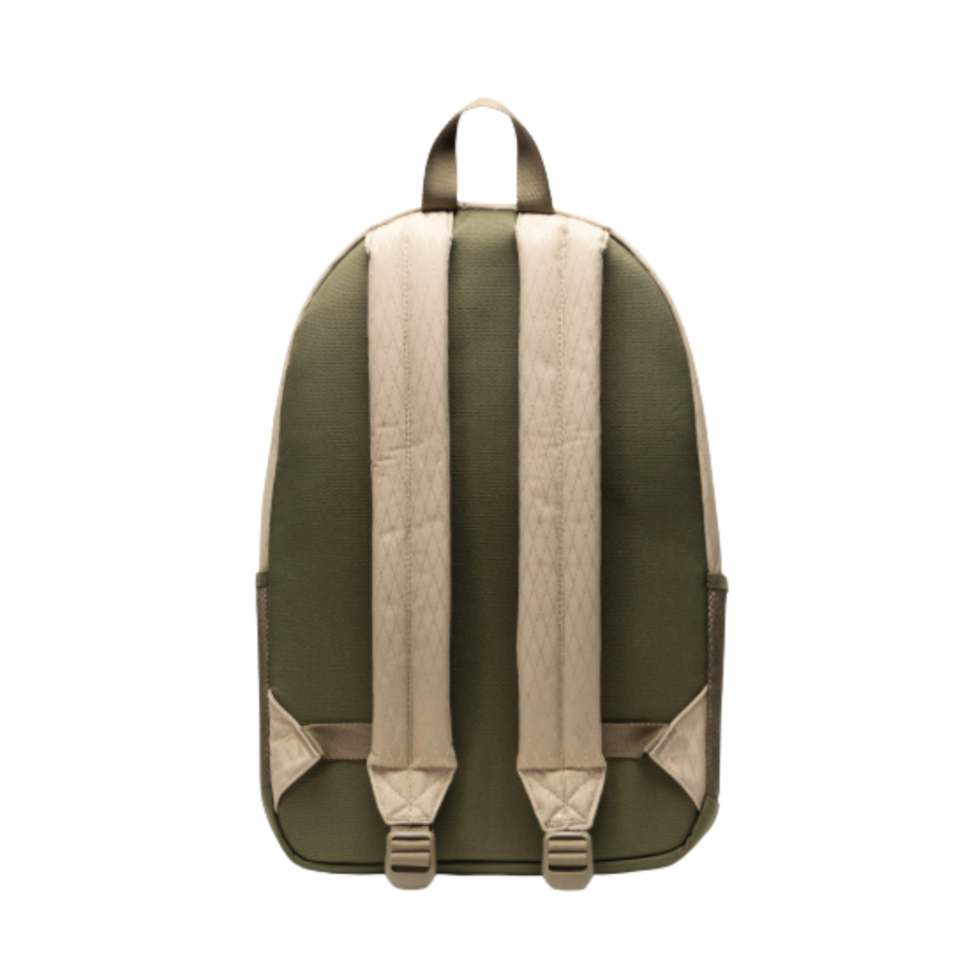 Beige herschel kaine backpack with a visible brand logo on a white background