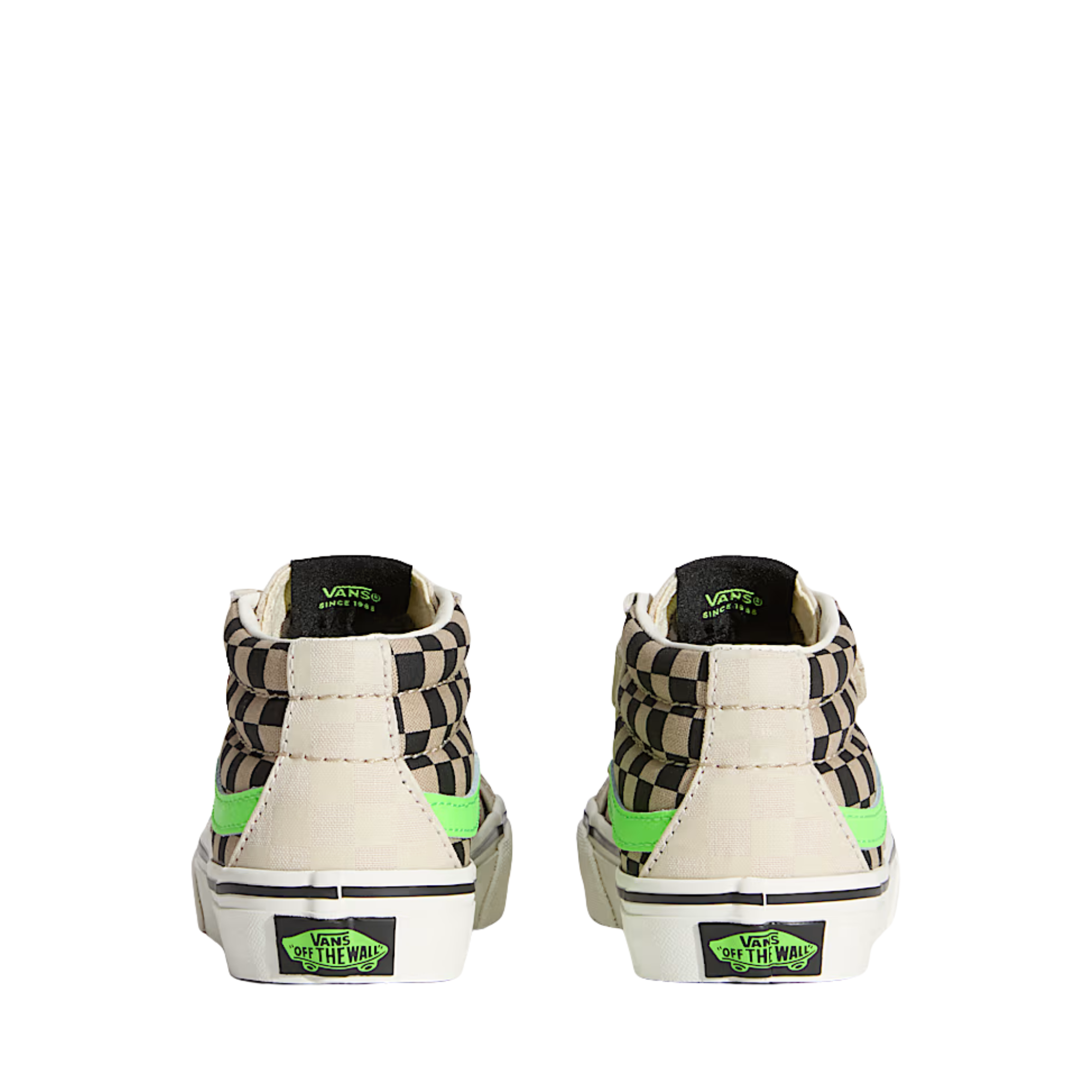 Checkered sk8-mid vans kids and toddler sneaker with neon green accents on a white background