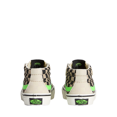Checkered sk8-mid vans kids and toddler sneaker with neon green accents on a white background