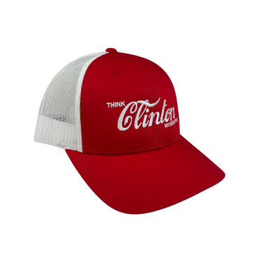 Redand white think clinton mississippi coca-cola cap with white text on a white background