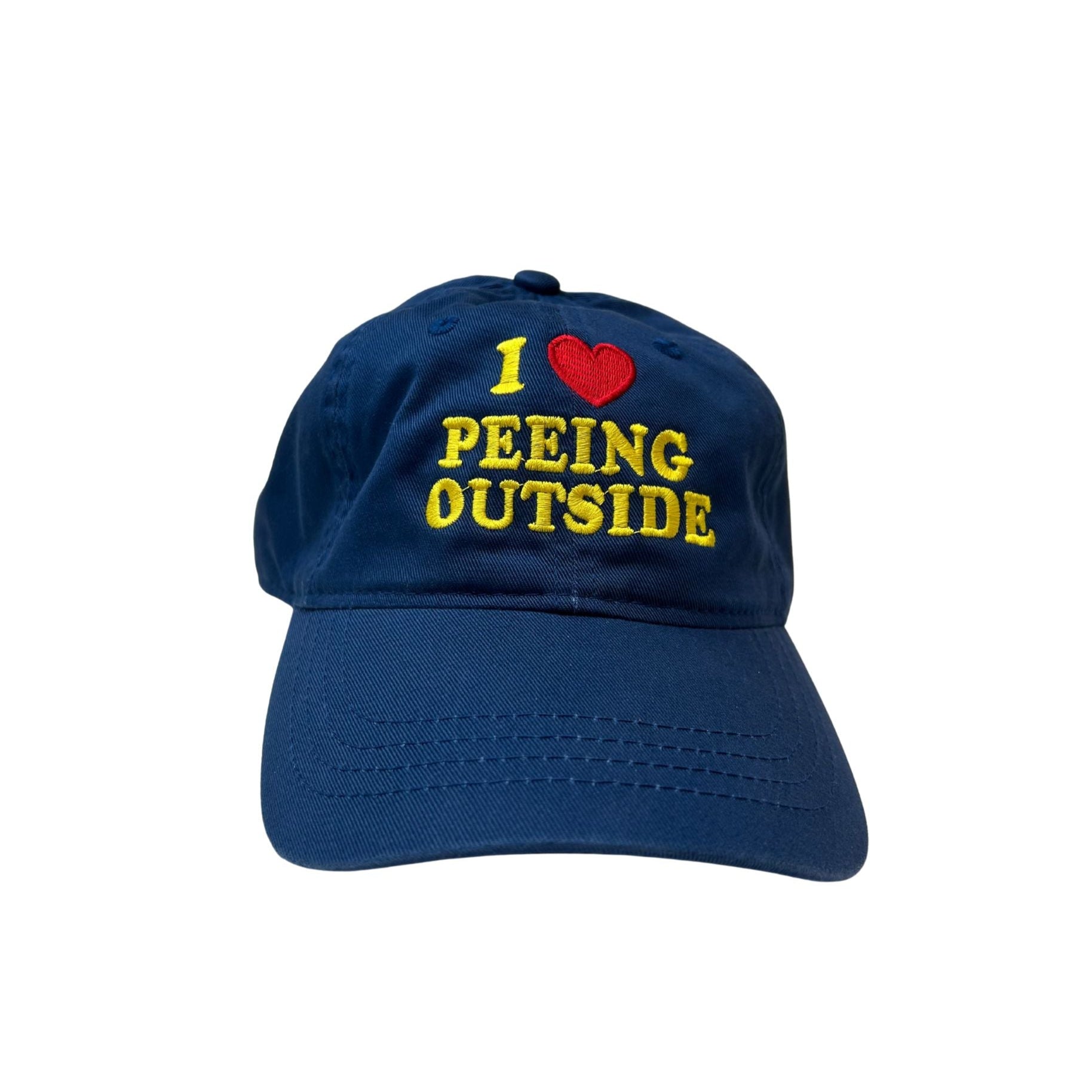 Blue cap with text 'I ❤️ Peeing Outside' on a white background