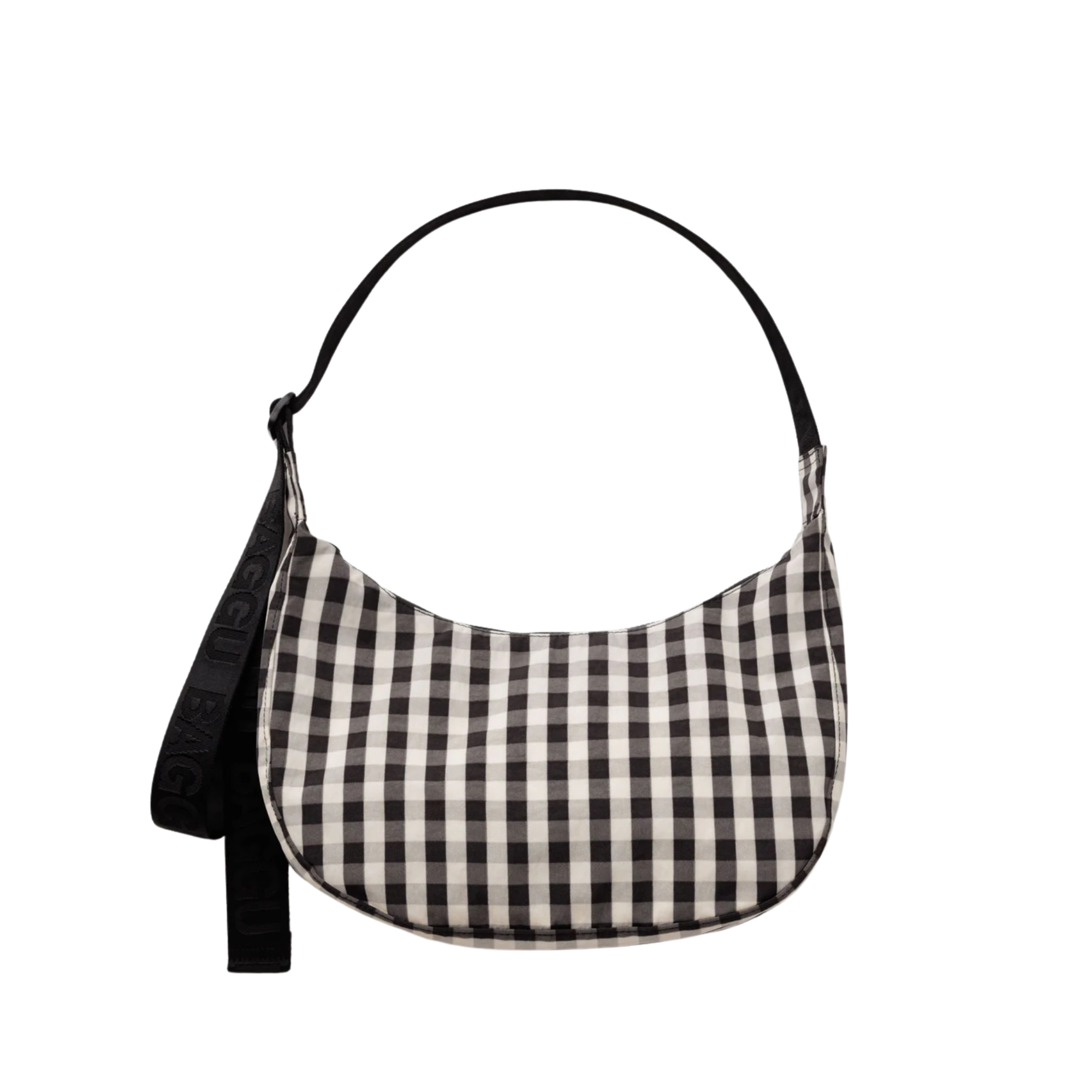 A black and white gingham checkered crescent baggu shoulder bag with a black strap, shown against a plain white background.