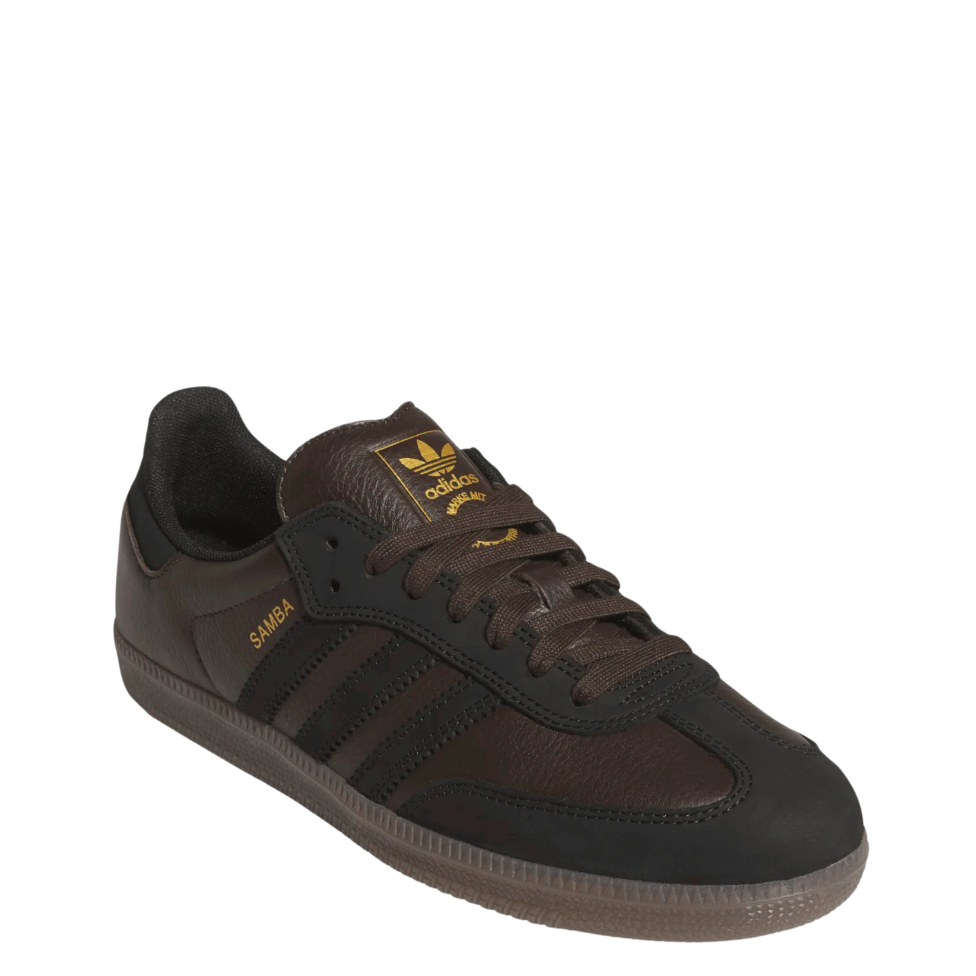 brown leather and suede men's adidas skateboarding adv sneaker with gum sole on a white background