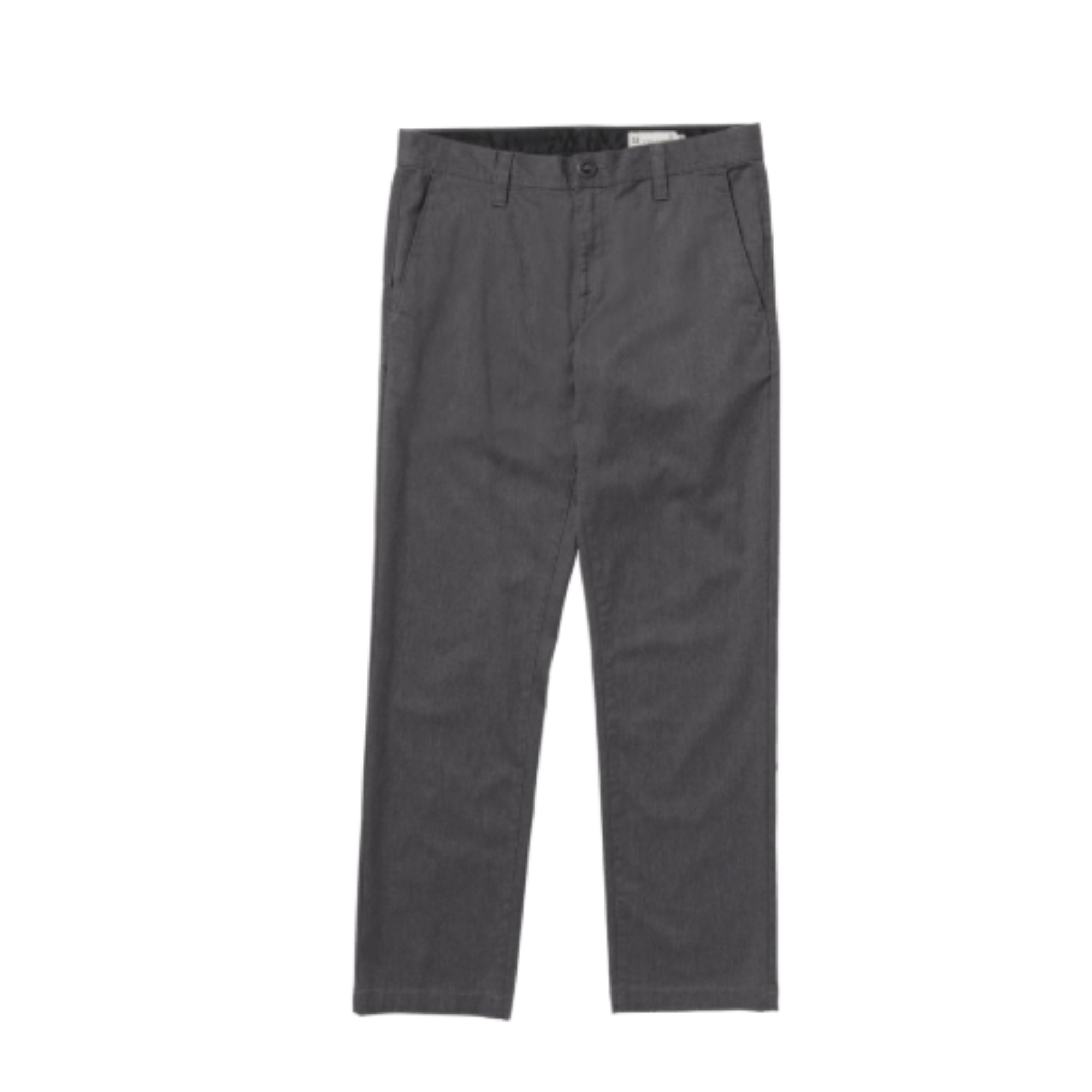 A pair of dark gray volcom frickin stretch chino pants shown flat against a solid white background.